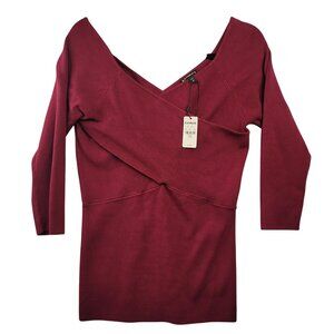 Express Womens Burgundy Knit Wrap-Style V-Neck Sweater Top Large